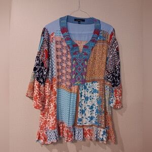 Caleaas Blouse Women'sTop Tunic Embroidered Split Neck Mix Media Shirt 3X